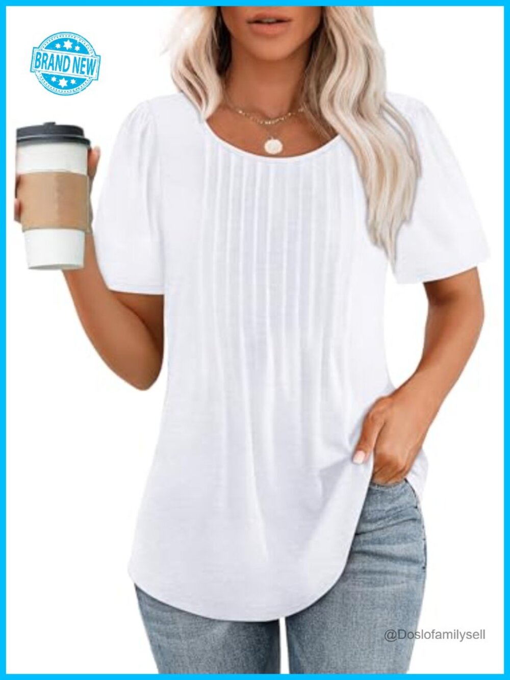 Womens Pleated Scoop Neck Short Sleeve Loose Fit Summer Tunic Top